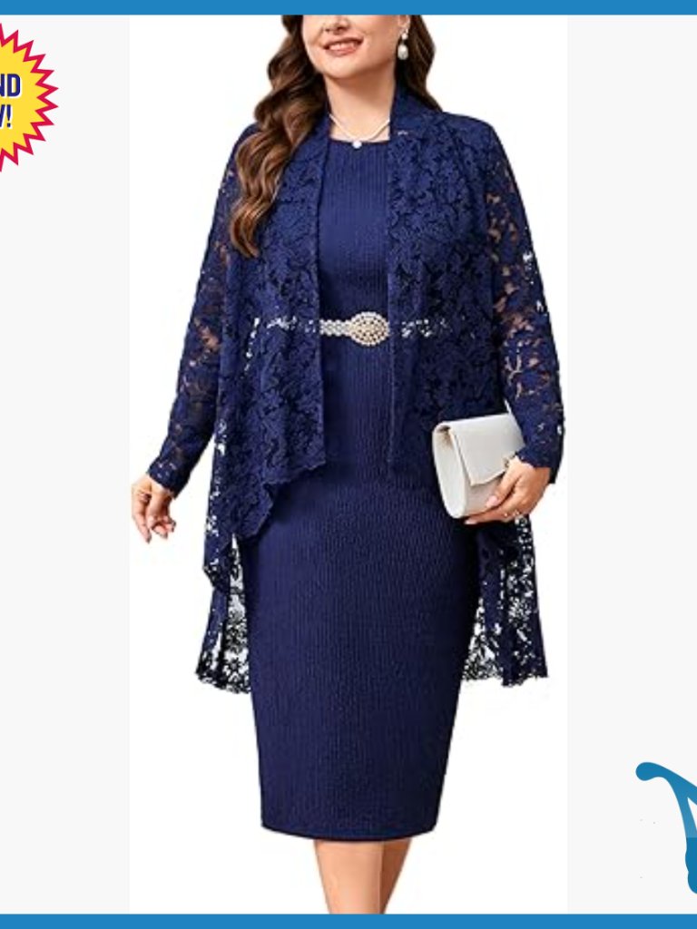 Plus Size Formal Dress Suit 2 Piece Set Lace Jacket Mother Of Bride